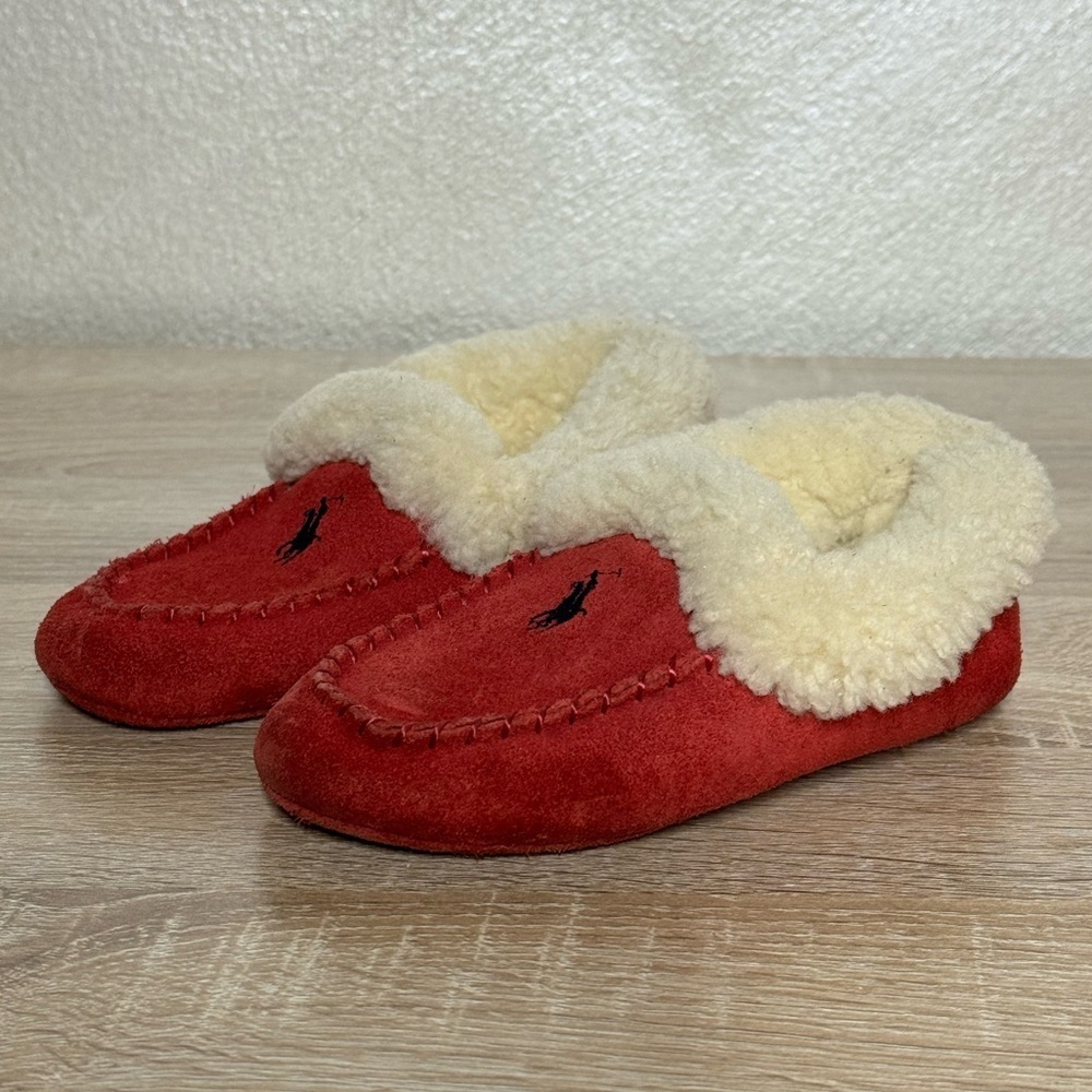 Polo Ralph Lauren Kids Size 9 Red Suede Sheepskin Slippers Moccasin Unisex